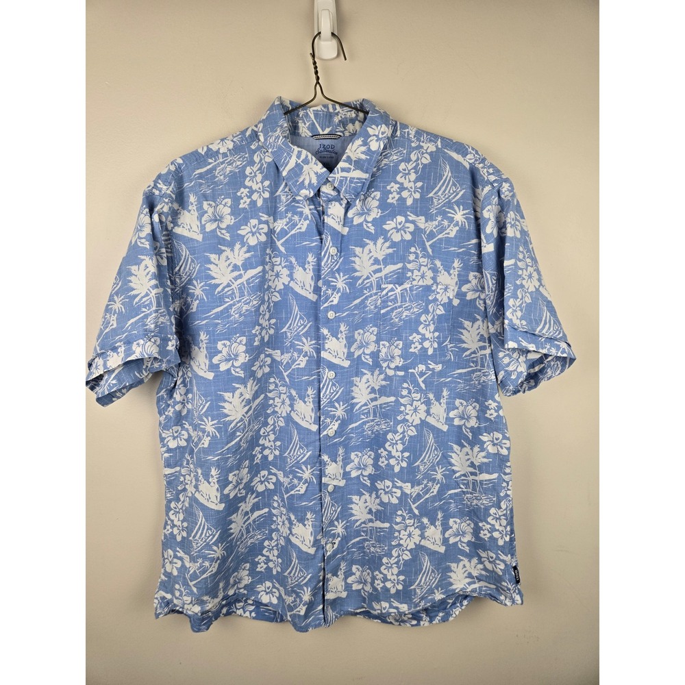 Izod Saltwater Relaxed Classics Mens XXL Blue Tropical Sailboat‎ Cotton Shirt - Picture 2 of 12